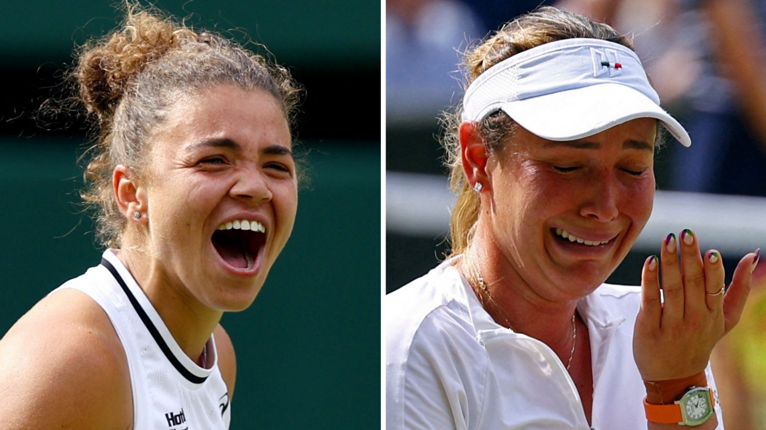 A split picture of Jasmine Paolini celebrating and Donna Vekic crying