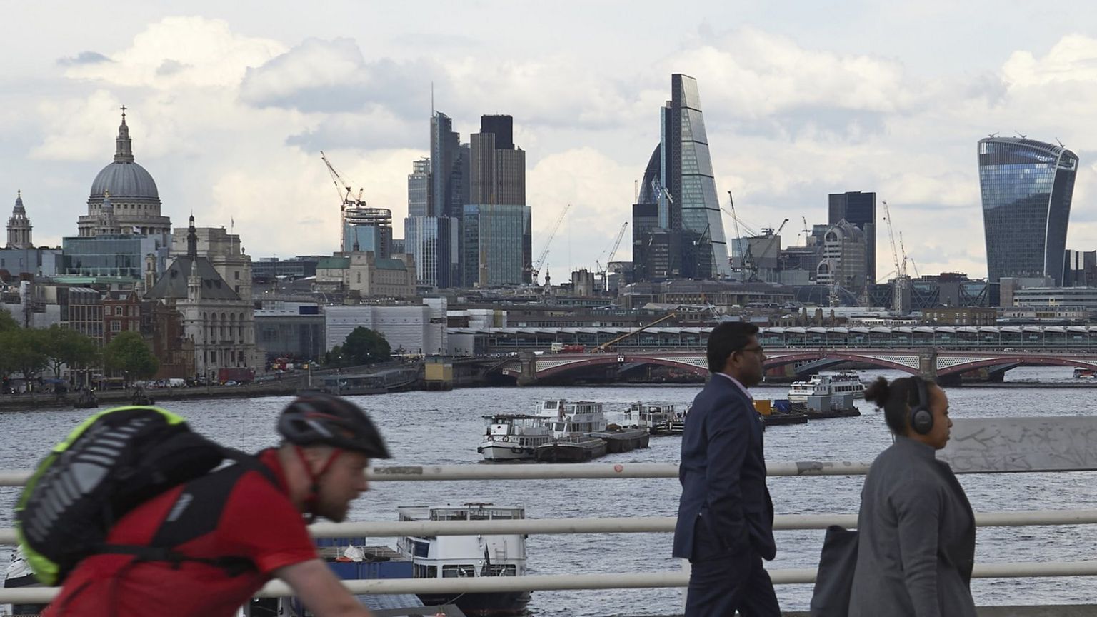 The skyline of buildings in The City of London is seen from Waterloo Bridge