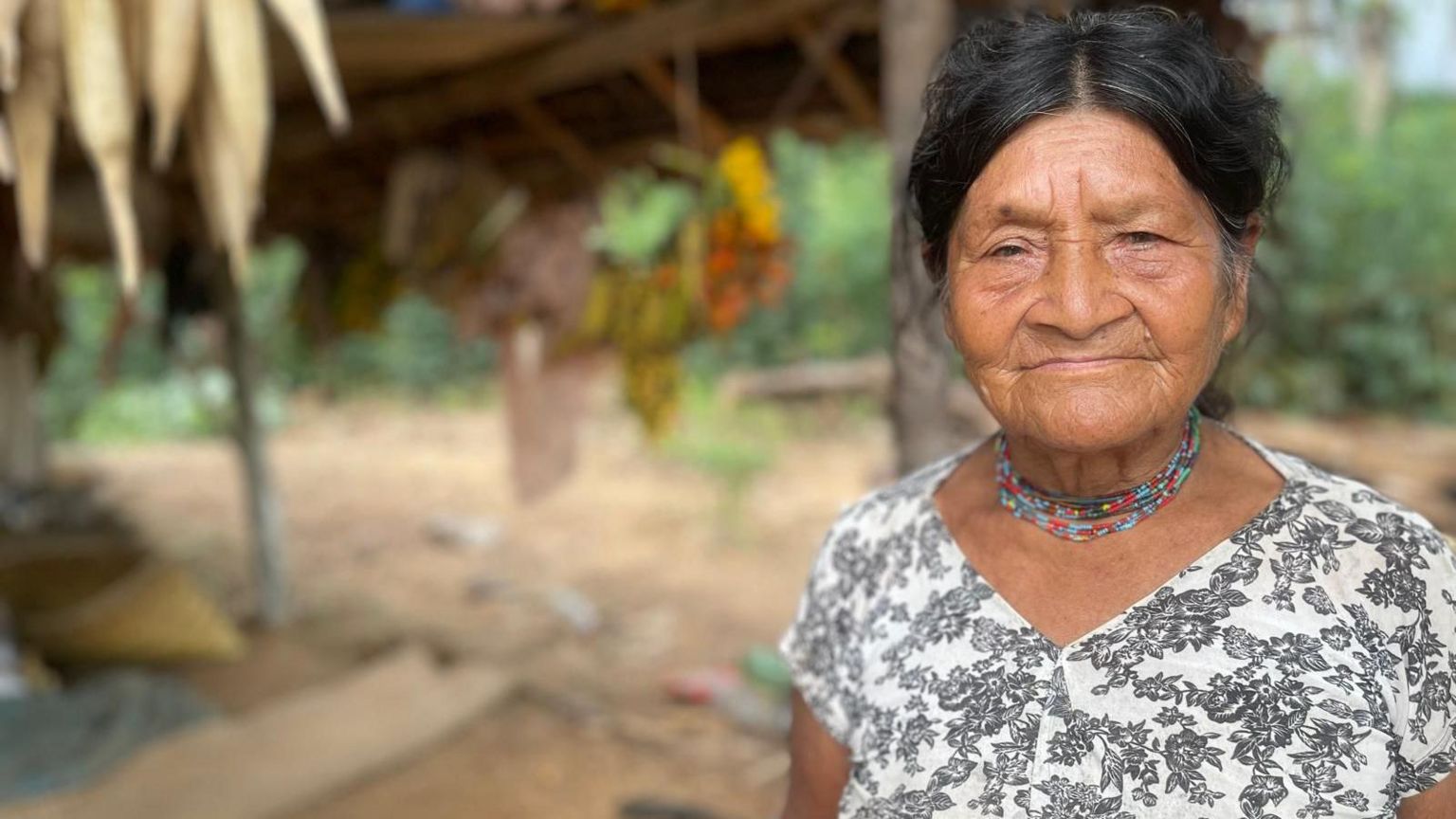 Tsimane woman with dark hair pinned up, wearing a white top with black flowers and a necklace