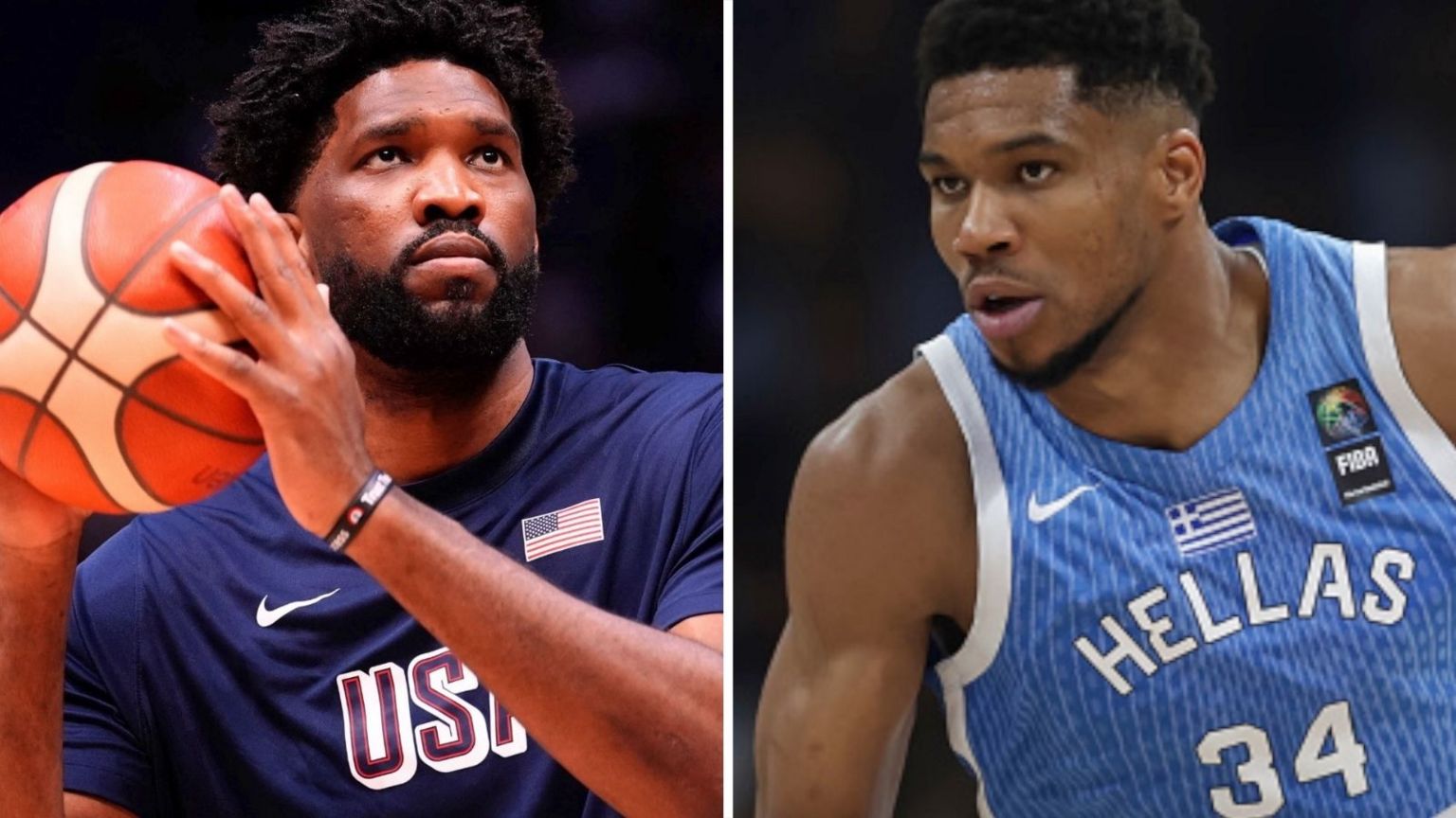 A split image of Joel Embiid holding a basketball and Giannis Antetokounmpo representing Greece