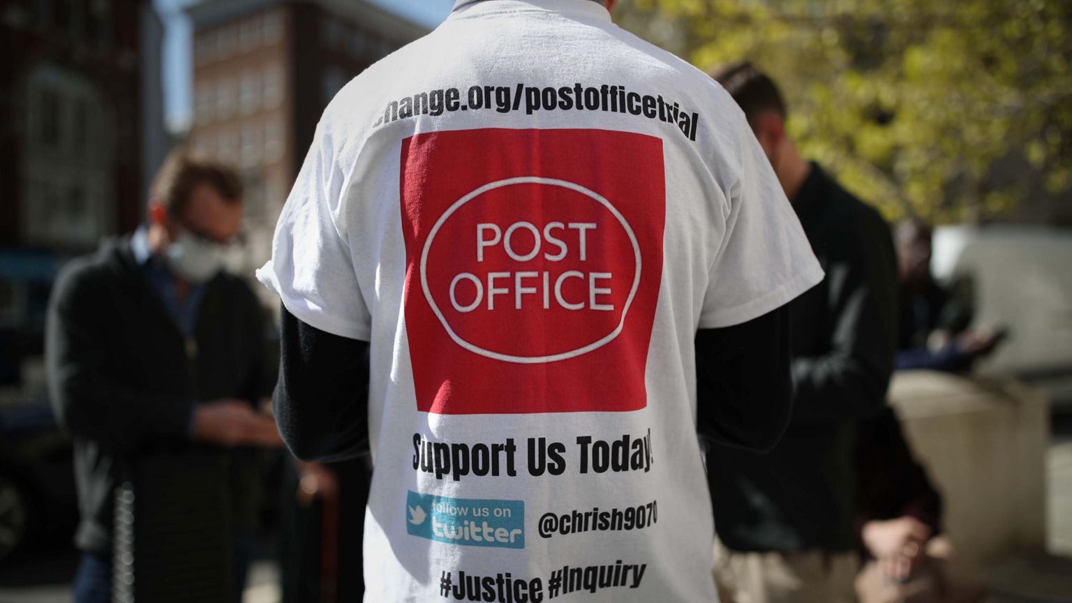 Protesters outside the Royal Courts of Justice in London, where dozens of former sub-postmasters who were convicted of theft, fraud and false accounting, because of the Post Office's defective Horizon accounting system, are expected to finally have their names cleared by the Court of Appeal. 23 April 2021.