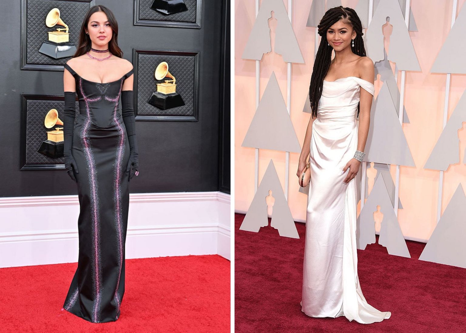 Olivia Rodrigo at the Grammy Awards in Las Vegas in 2022; Zendaya arrives at the Academy Awards in Hollywood in 2015