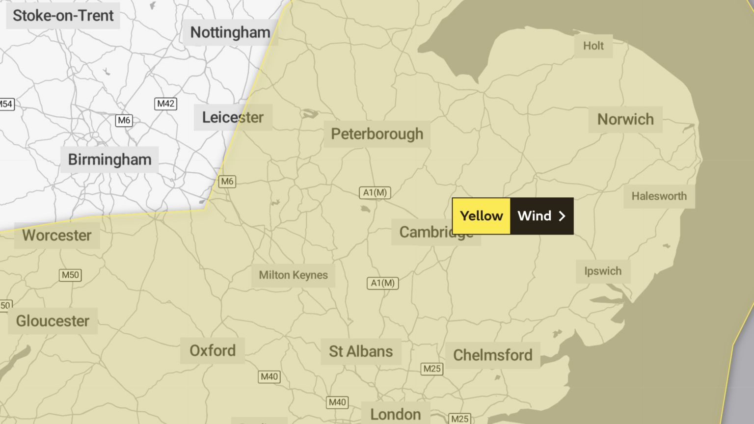 Map showing yellow warning for wind