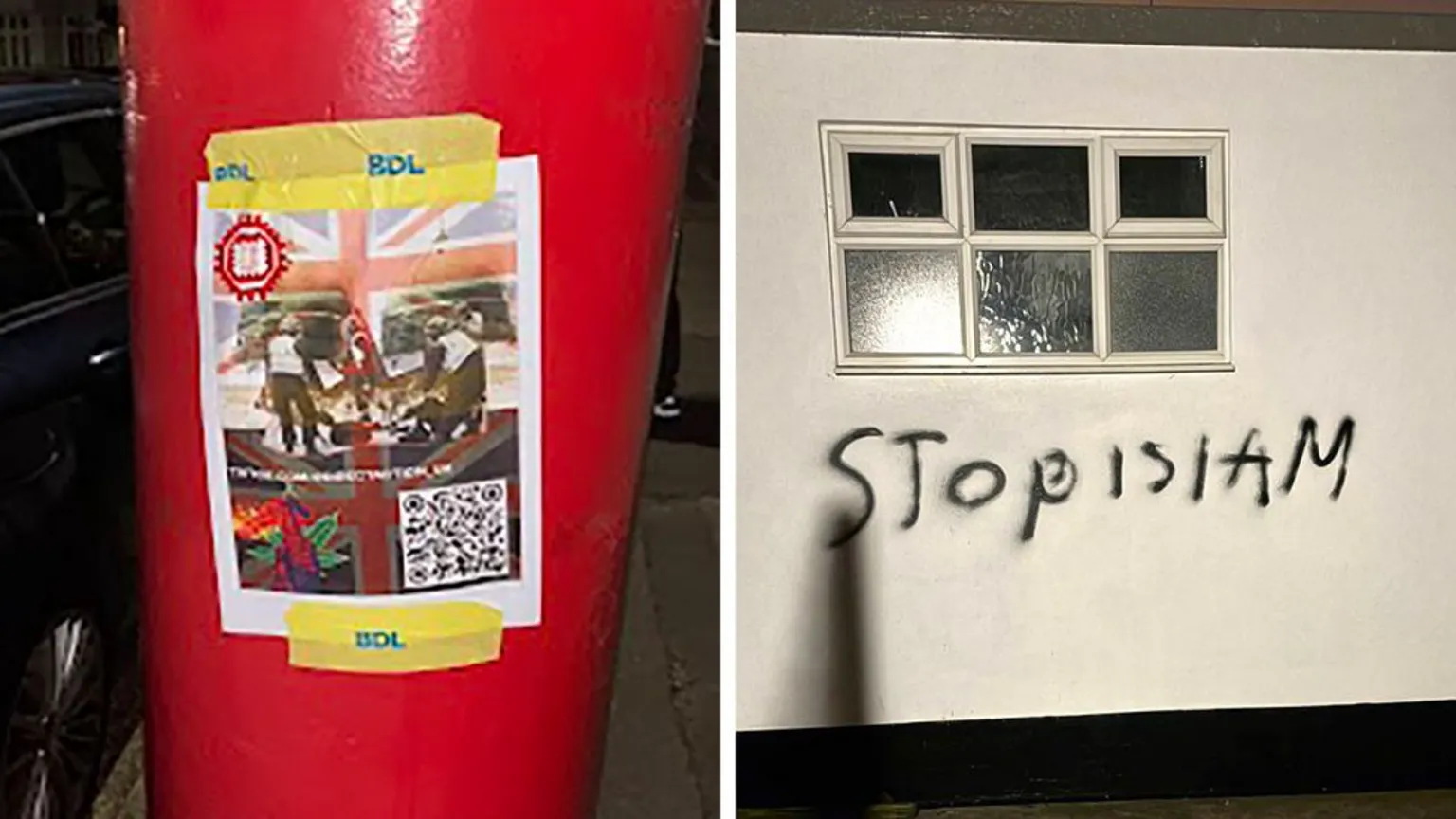 A composite image showing a red pillar box with a poster taped up on it advertising Direct Action UK and its social media channels, with Unon Flags and images of rioting. A second image shows a wall on which someone has spray-painted "Stop Islam".