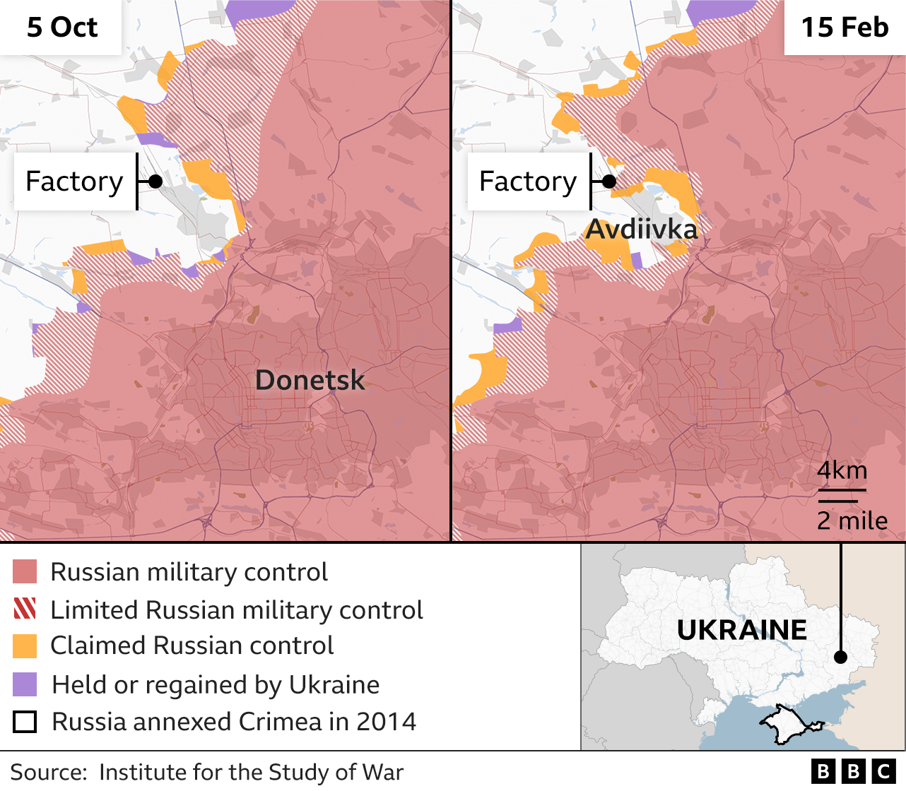 Before and after map showing positions around Avdiivka