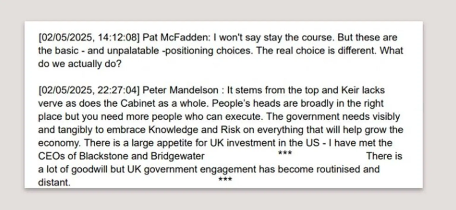 Cabinet Office Extract of letter between Mandleson and Pat Mcfadden where Mcfadden suggetss Keir 'lacks verve'