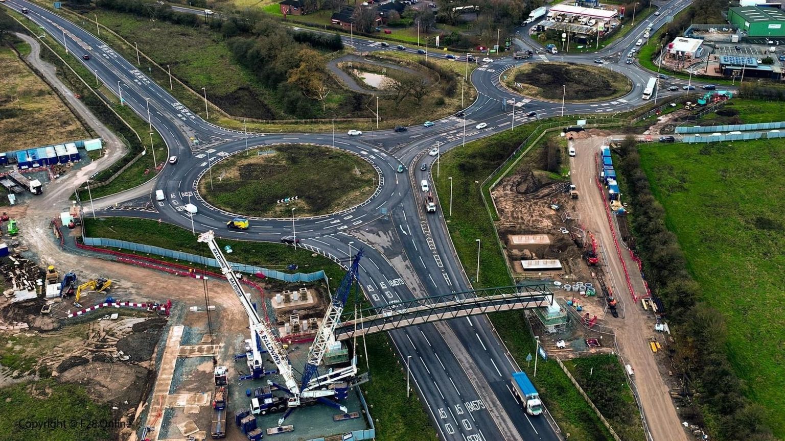 Aerial photo of the new bridge and Mile End roundabout