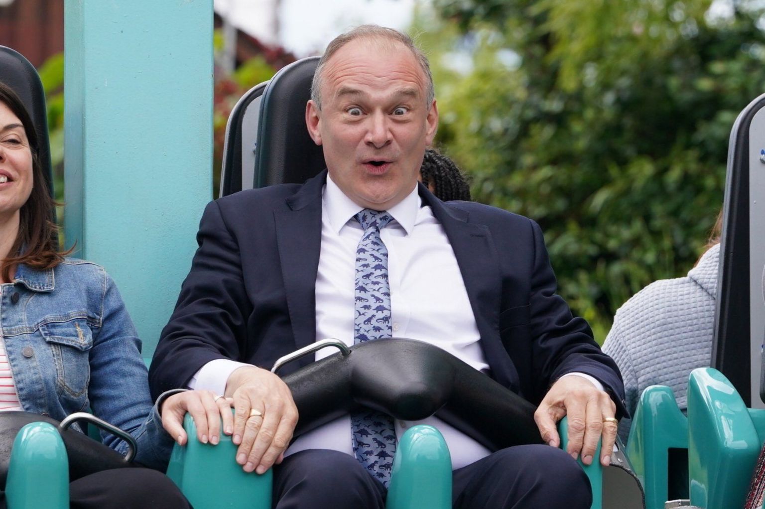 Liberal Democrats leader Sir Ed Davey during a visit to Thorpe Park in Chertsey, Surrey, whilst on the General Election campaign trail