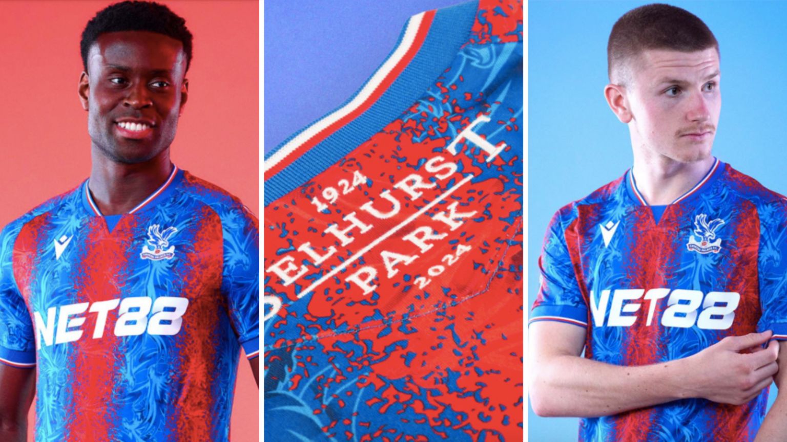 Marc Guehi and Adam Wharton model new Crystal Palace home shirt.