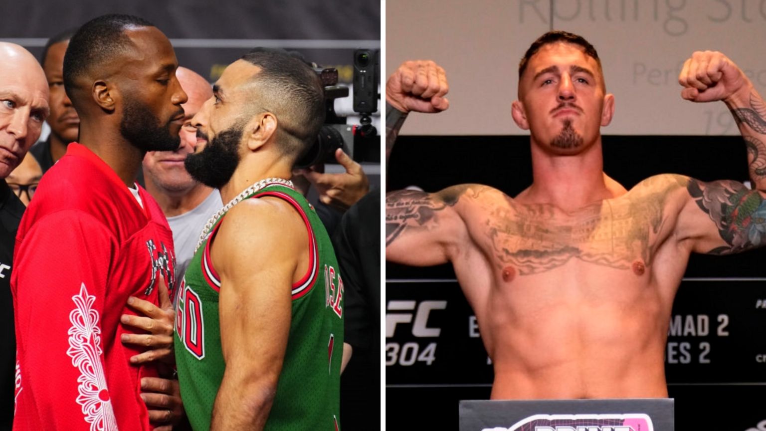 Split image of Leon Edwards facing off with Belal Muhammad and Tom Aspinall weighing in