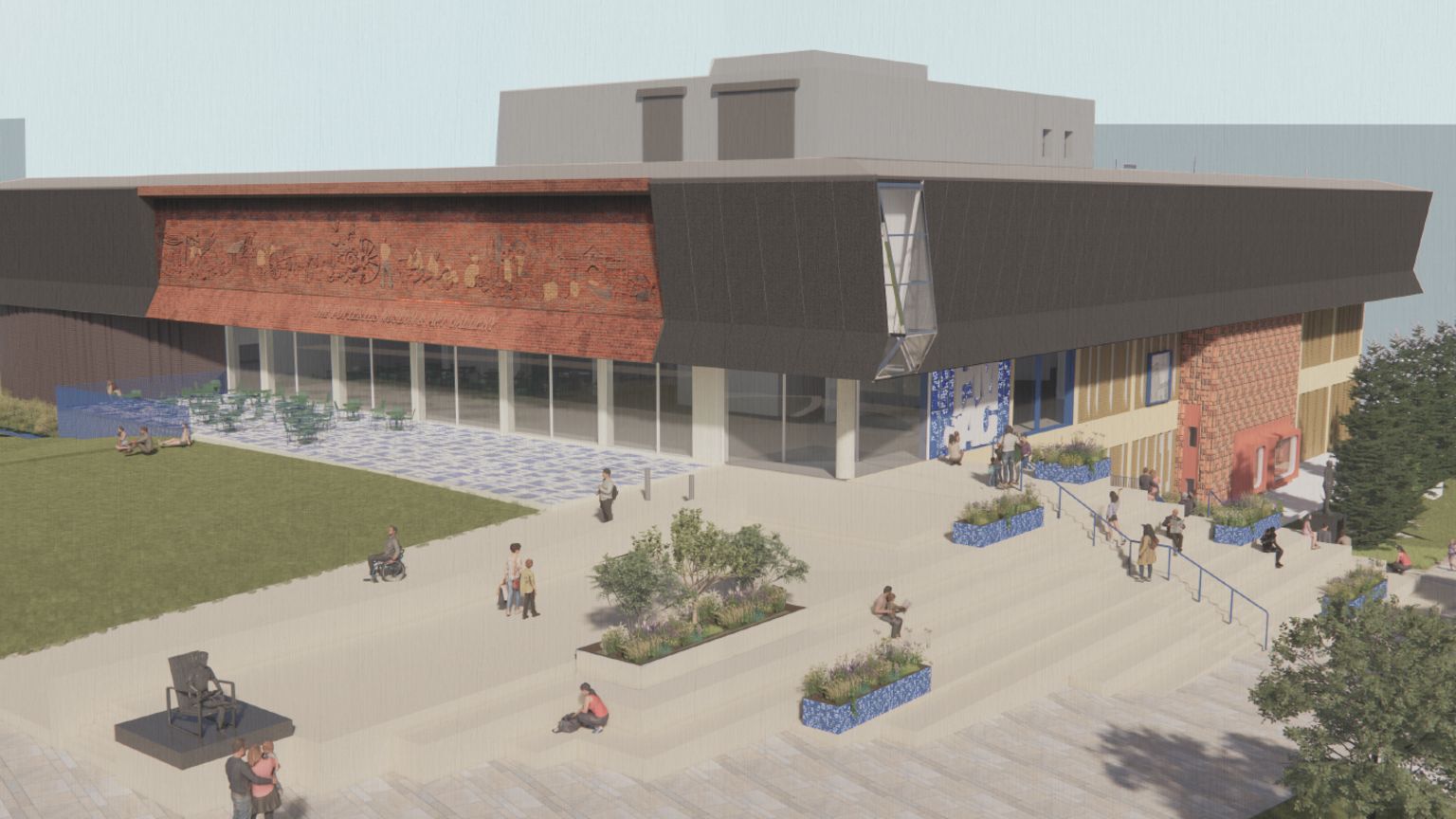 An artist's impression showing the proposed revamp of the Potteries Museum and Art Gallery. The modern building with a mainly glass and grey frontage has a brick mural along the top of one side, illustrating the area's industrial heritage.