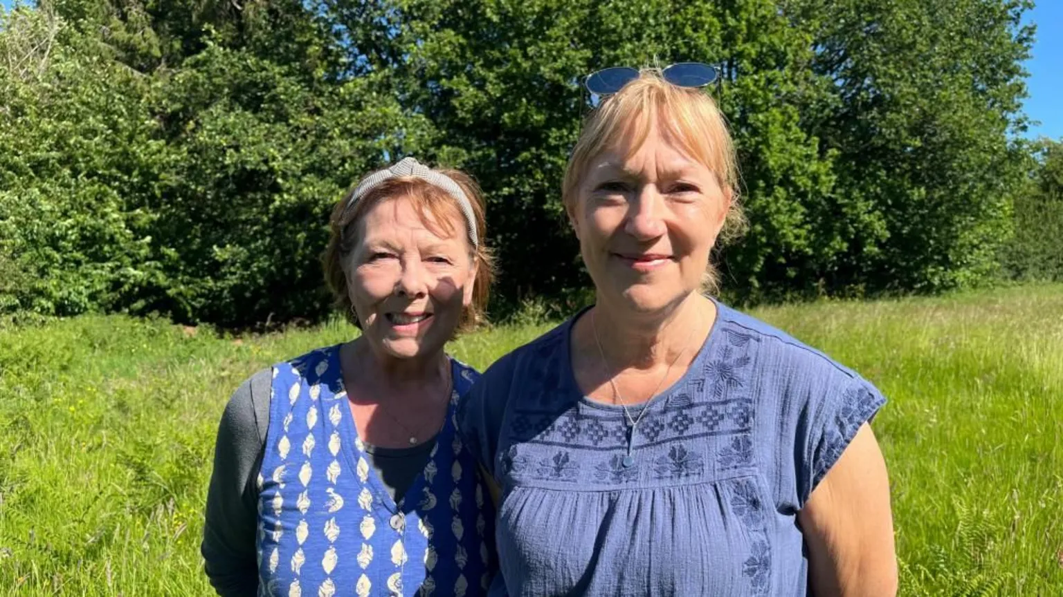 Ellen Knight/BBC Lynne and Nikki stood side by side in the wild grass meadow. They are both wearing blue blouses, and Nikki has a pair of sunglasses on her head. The grass around them is long and green, and there is a row of trees behind them. The sky is blue and there is strong sunshine.