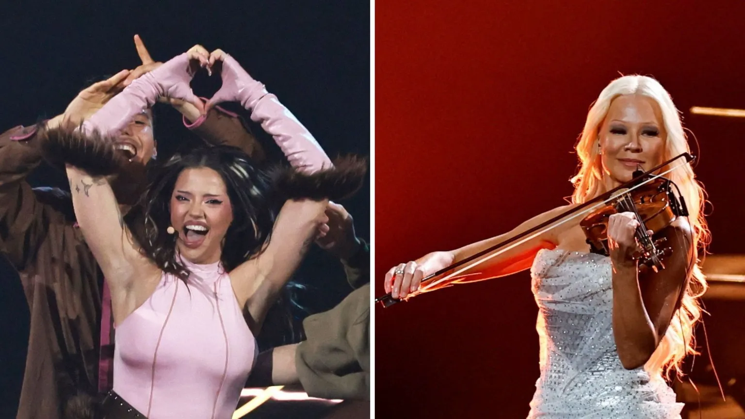 Bulgarian singer Dara in a split screen with violinist Linda Lampenius from Finland.
