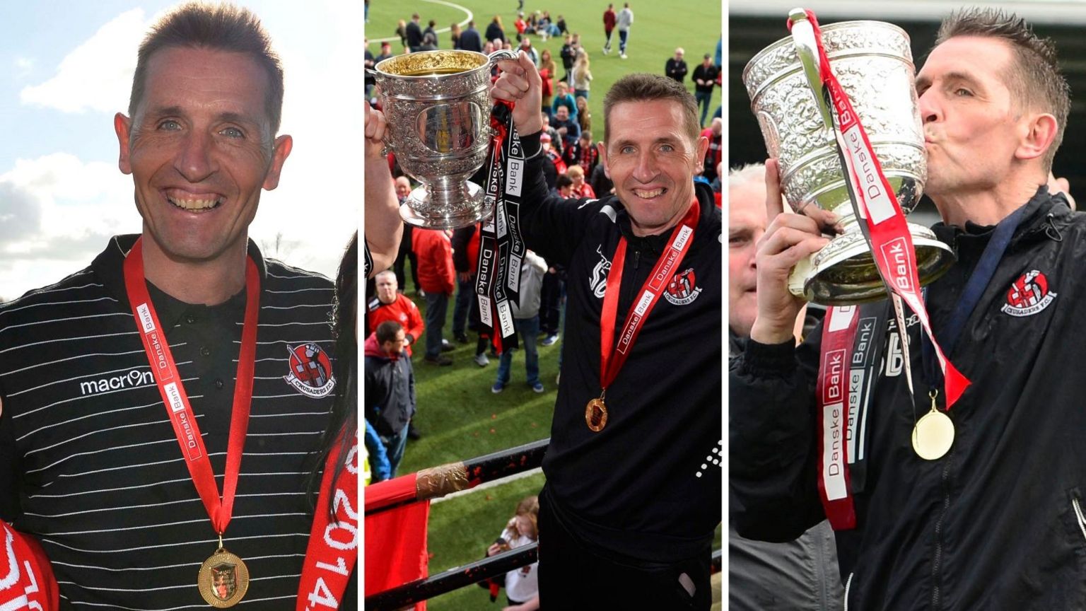 A three-way split image of Stephen Baxter celebrating each of Crusaders' league titles