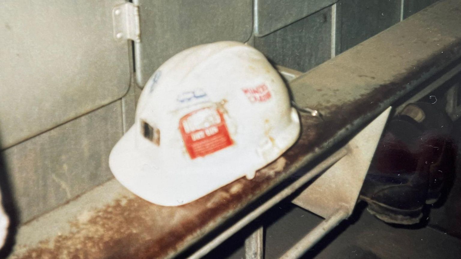 Ian Pyatt's pit helmet in the locker room