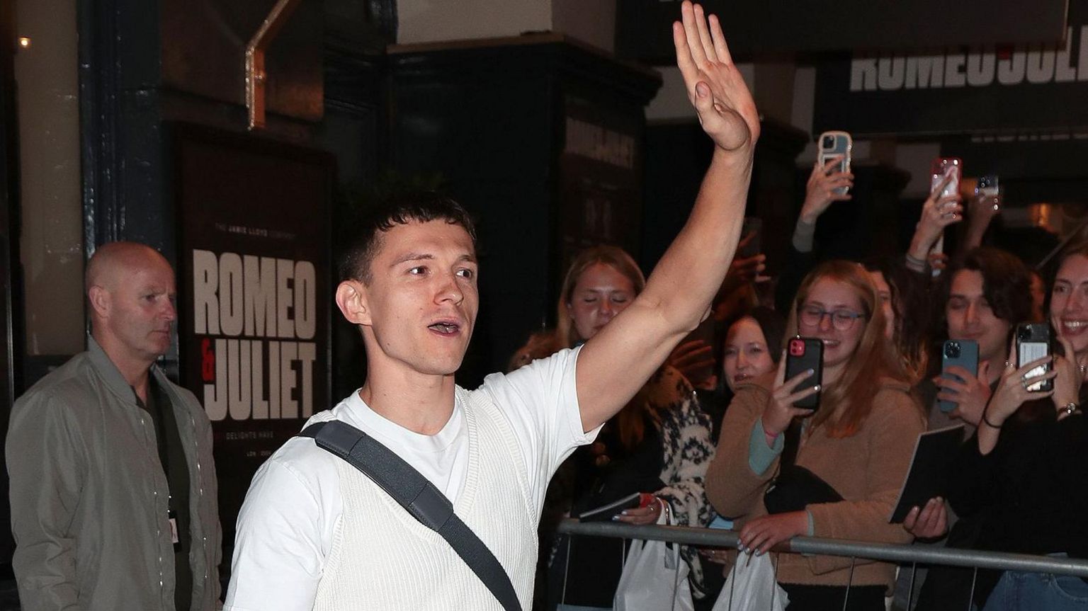  Tom Holland seen leaving Duke of York's Theatre following his second Romeo & Juliet performance on May 14, 2024 in London