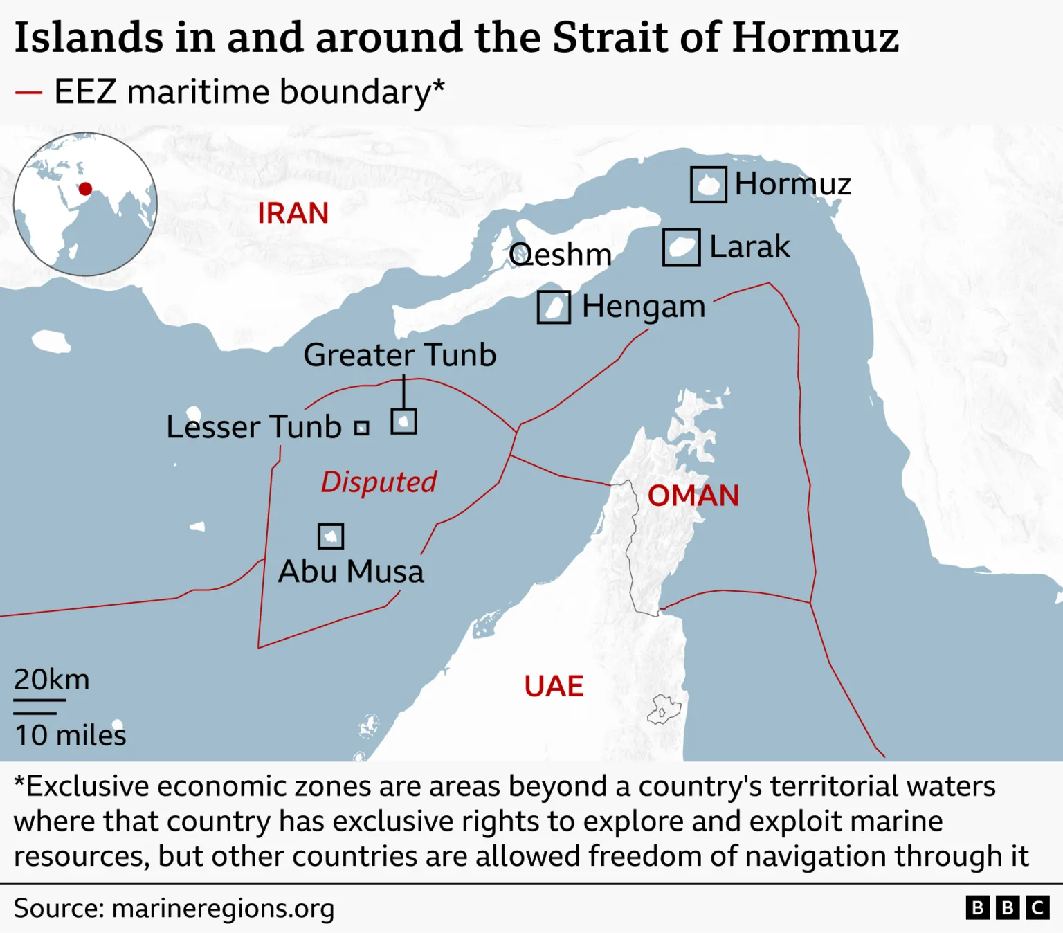 A map of the Strait of Hormuz showing the surrounding coasts of Iran to the north and Oman and the UAE to the south. Several islands in the strait are labelled, including Hormuz, Larak, Qeshm, and Hen