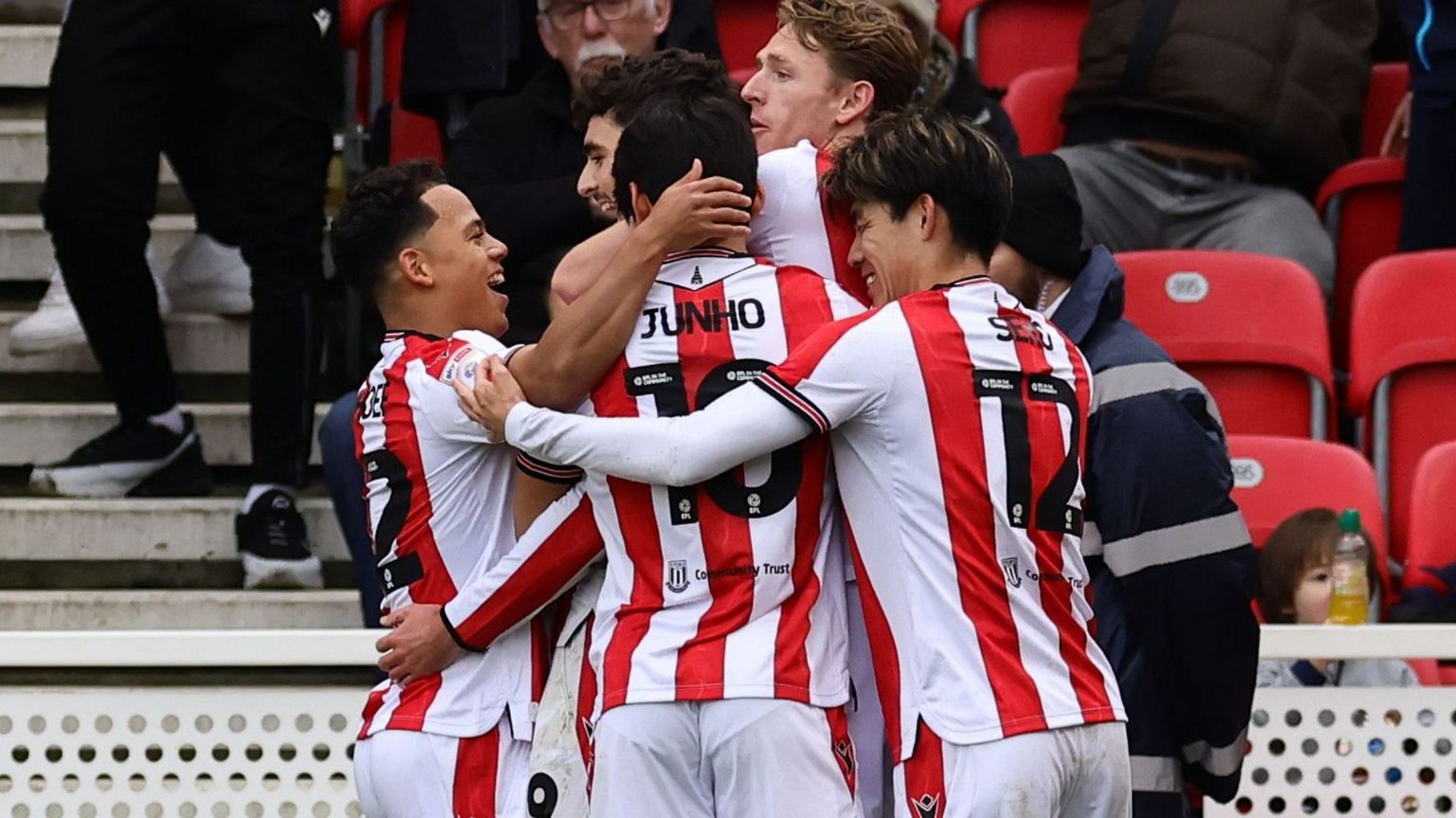 Stoke's players celebrates Tom Cannon's penalty against Derby at the Bet 365 Stadium