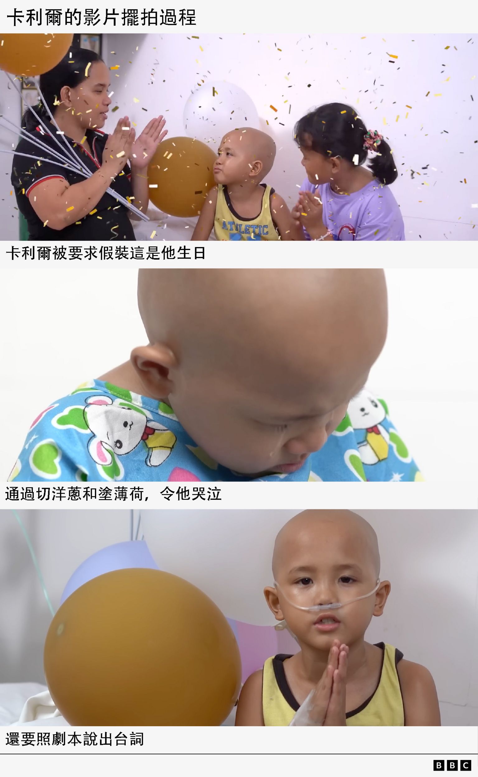 一张图解显示卡利尔(Khalil)的募款影片如何被刻意摆拍:1)其母亲与姊妹在背景有气球、纸带飘落的场景中拍手,2)卡利尔哭泣的画面,3)卡利尔戴着鼻管朗读剧本台词