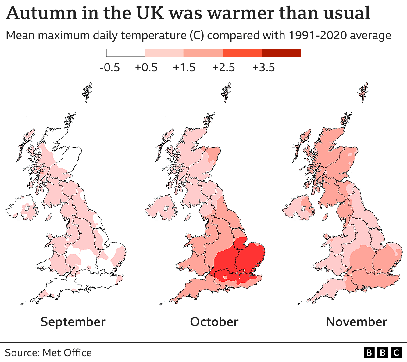 Three maps showing how the monthly averages for the highest daily temperature in the UK in September, October and November were higher than usual
