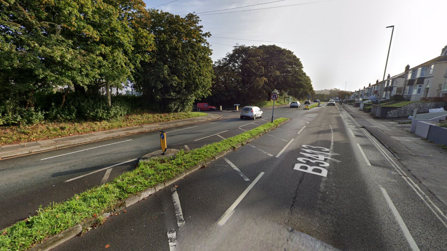 Google maps image of a road, with a small central verge. Trees are on one side of the road and houses on the other.