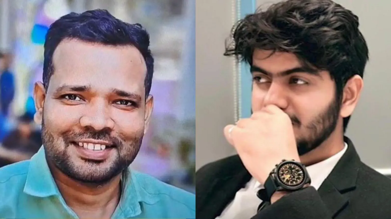 Saurabh Chauhan and @CMOFFICEHP Side-by-side portraits of Shivanand Chaurasia (left), smiling in a teal shirt, and Aditya Sharma (right), wearing a dark jacket and wristwatch, looking to the side with a hand near the face.