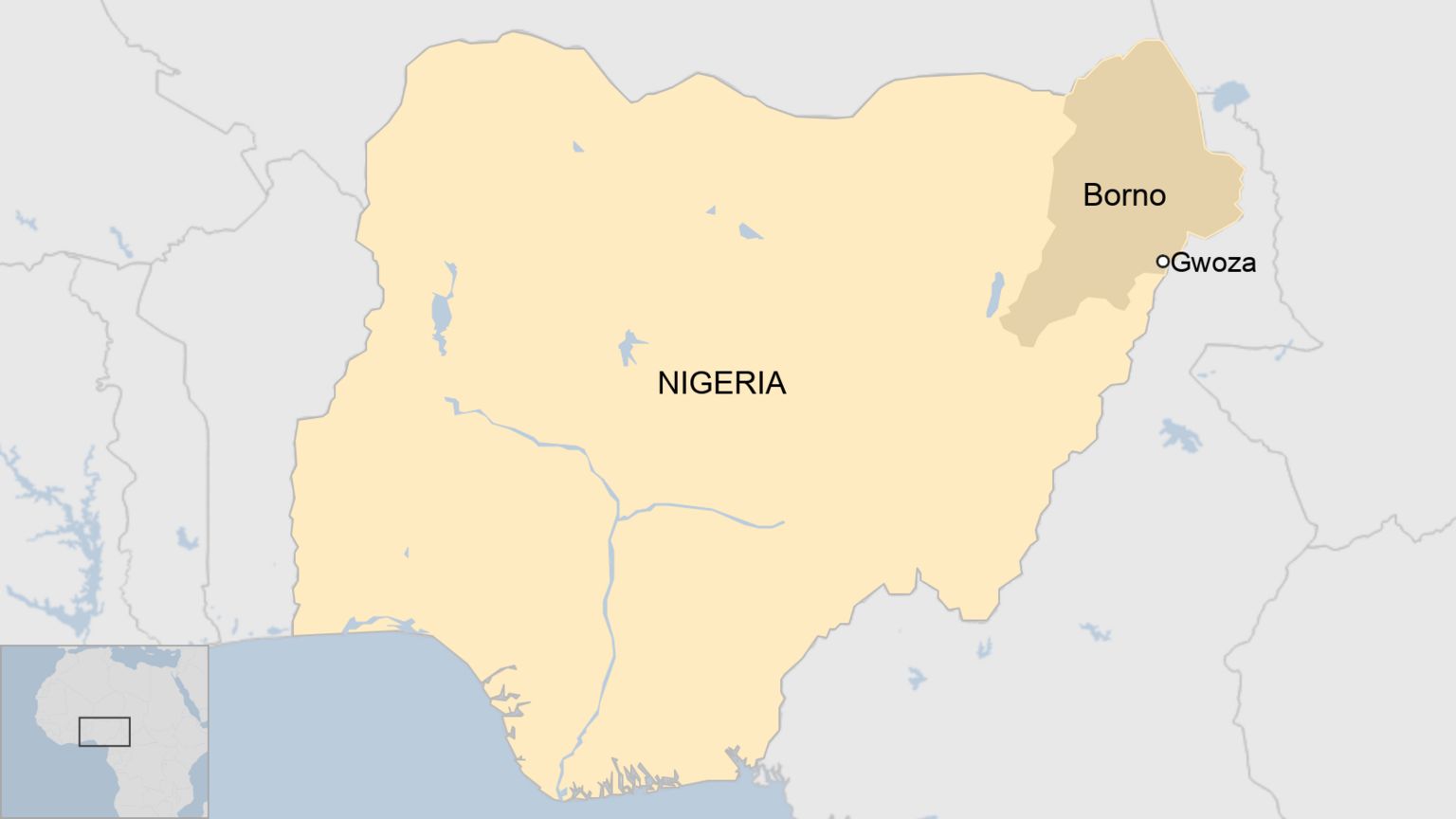 Map of Nigeria, highlighting state of Borno and town of Gwoza
