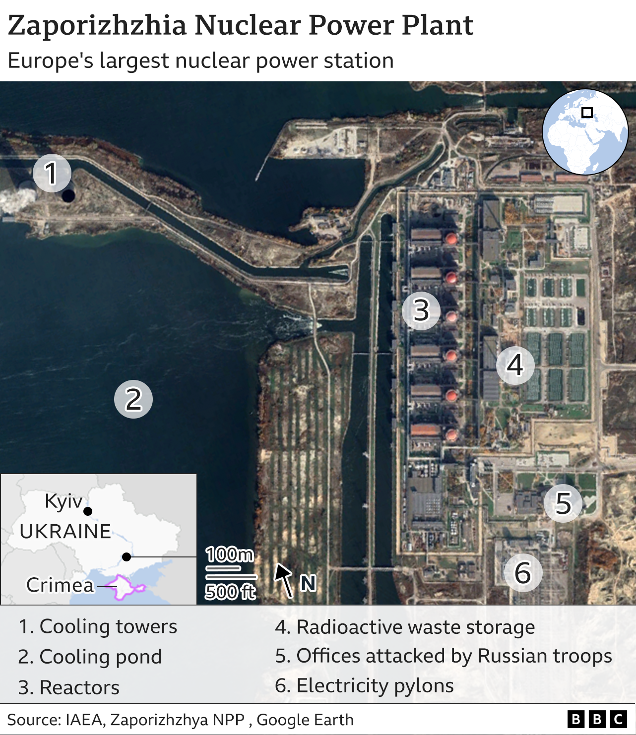 Карта с указанием расположения основных компонентов крупнейшей в Украине атомной электростанции.