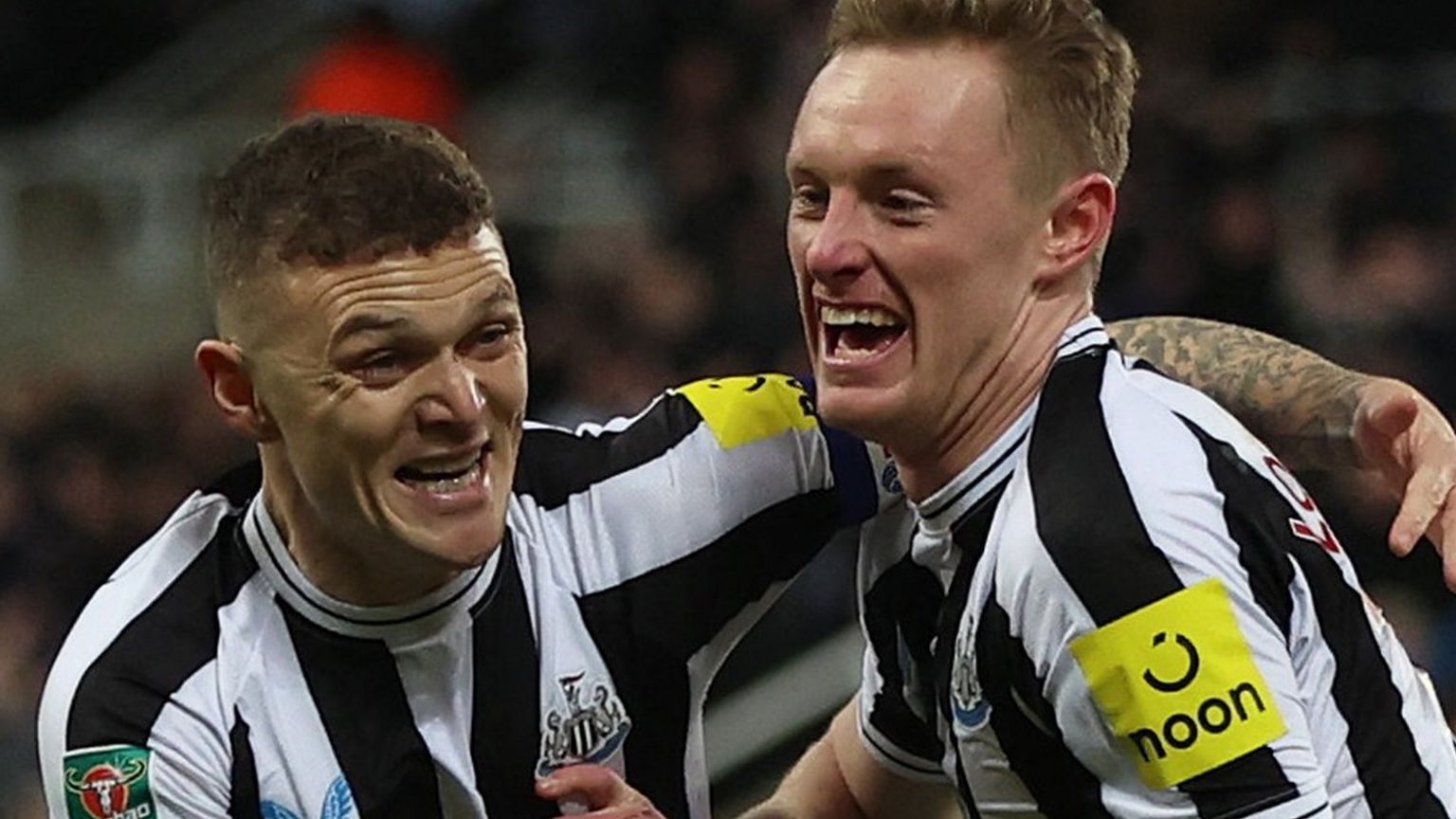 Sean Longstaff and Kieran Trippier celebrate a Newcastle goal