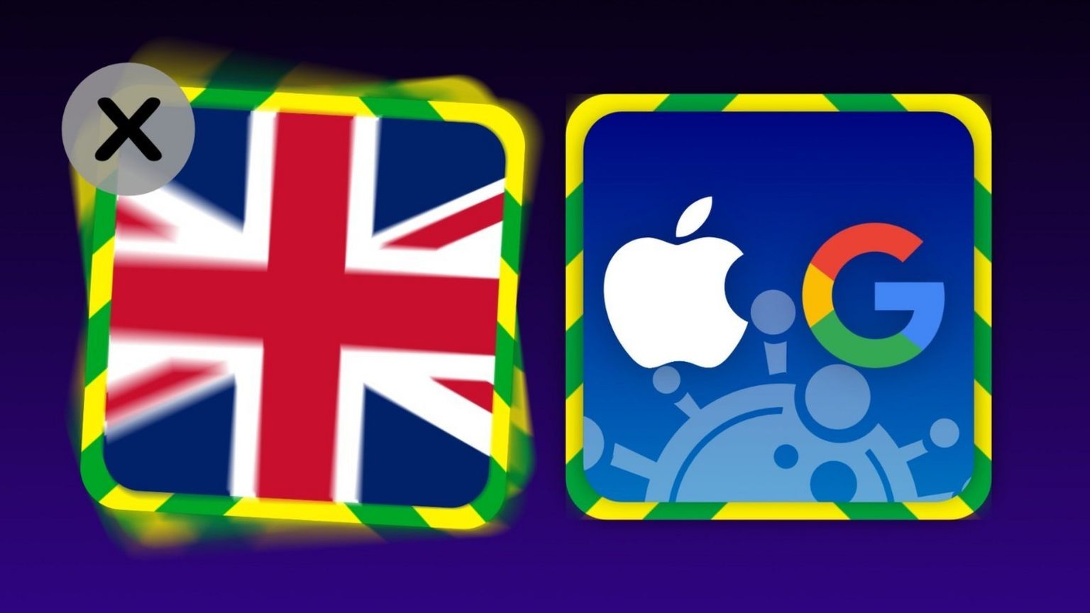 Graphic illustration showing a UK app icon next to an Apple/Google app