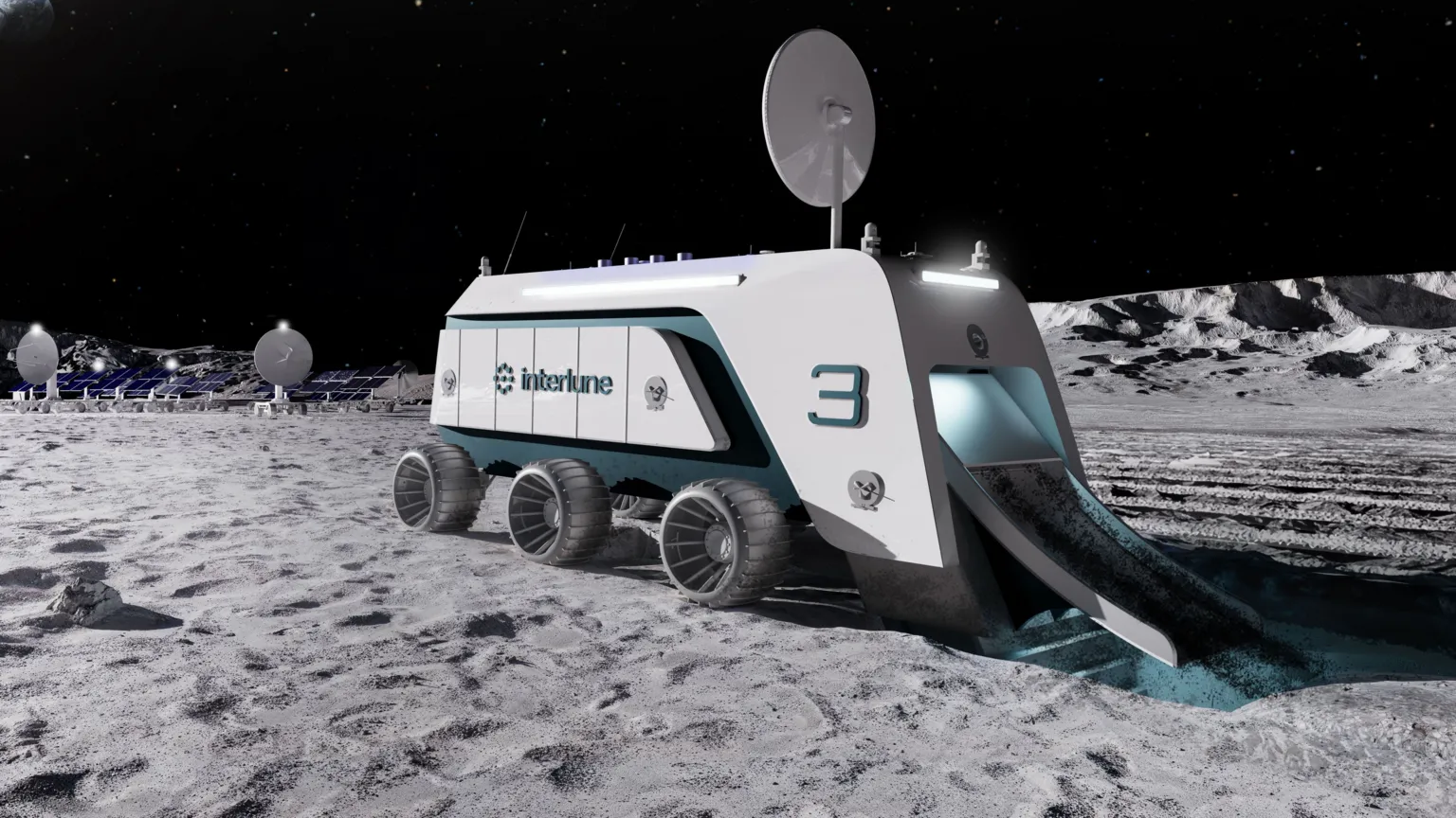InterLune A futuristic image of a mining machine on the Moon