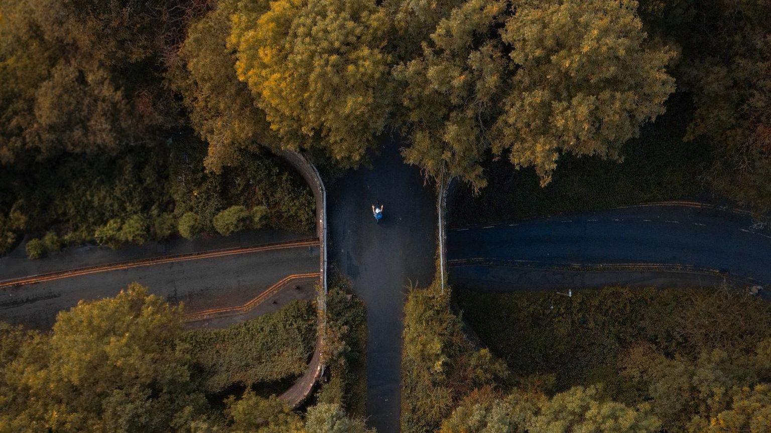 A cyclist is seen from a drone passing through trees on the Bristol to Bath cycle path