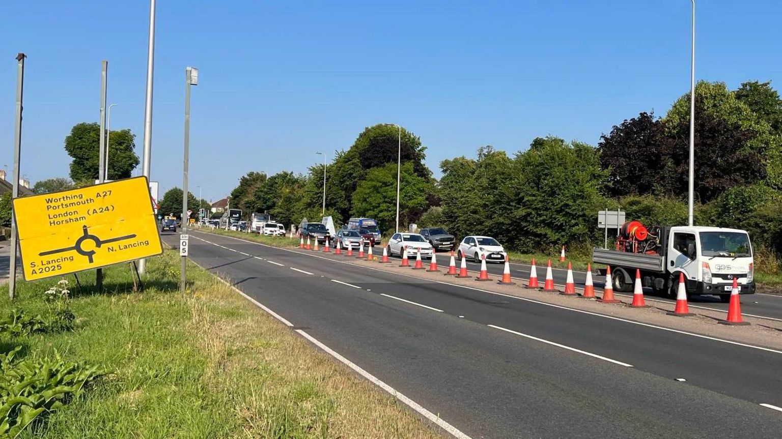 Traffic queueing on the A27 near Worthing