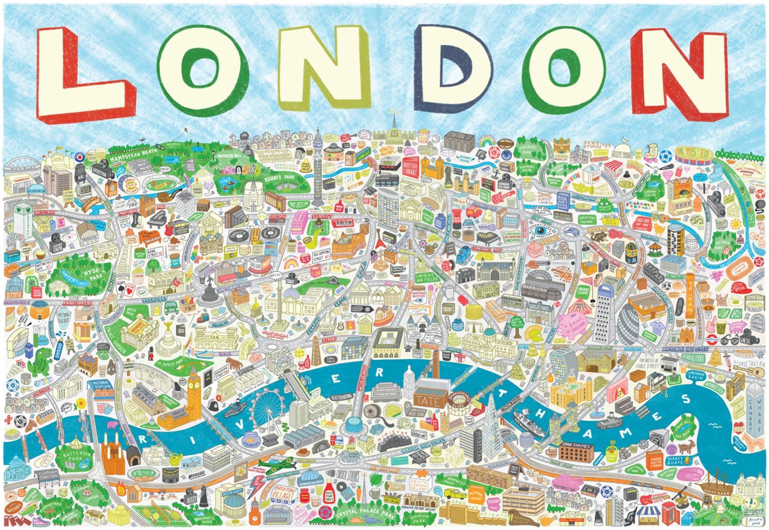 Illustrated map of London with drawings representing various places in the city