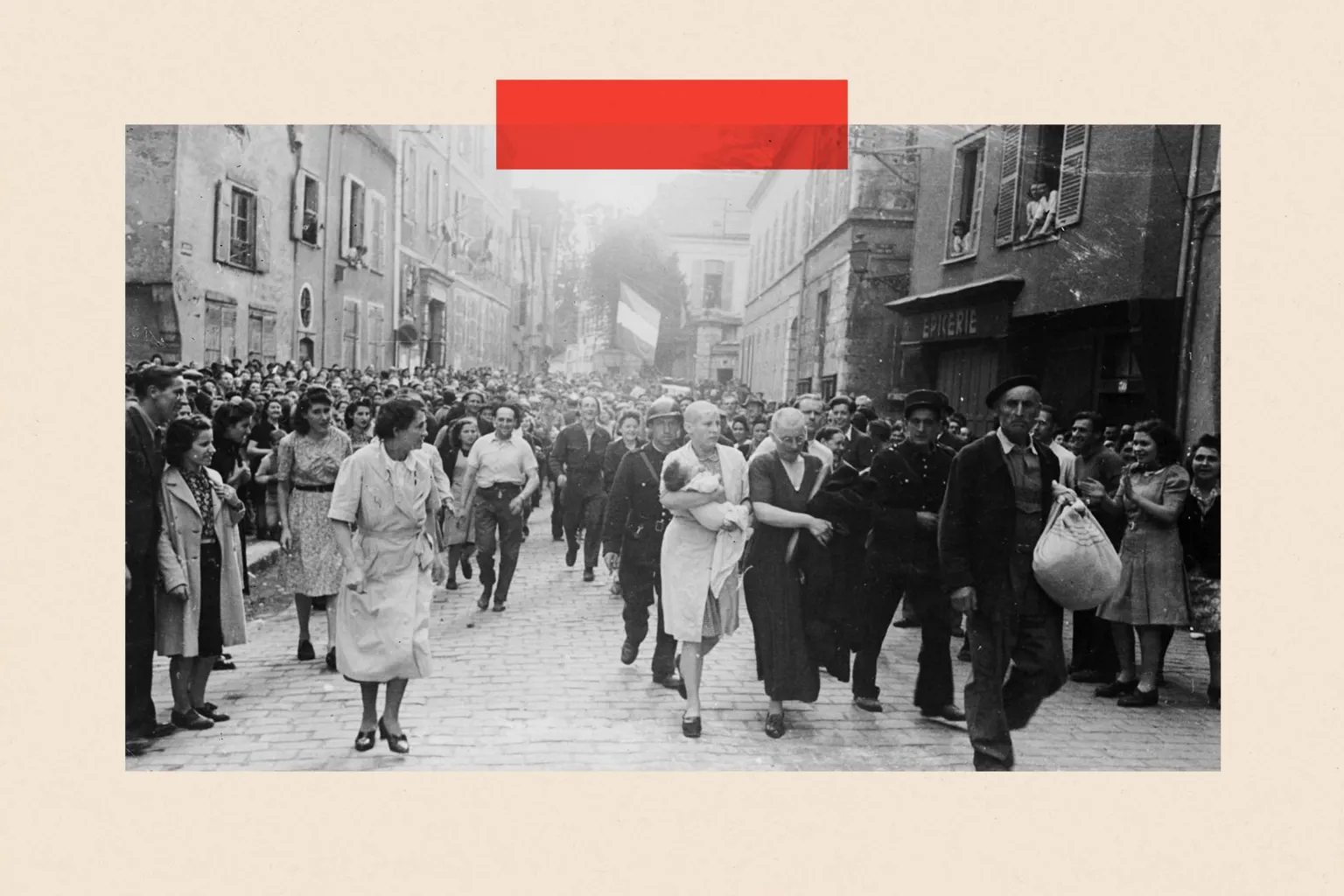 Getty Images A woman, with her baby, and her mother are jeered and humiliated by crowds in Chartres after having their heads shaved as punishment