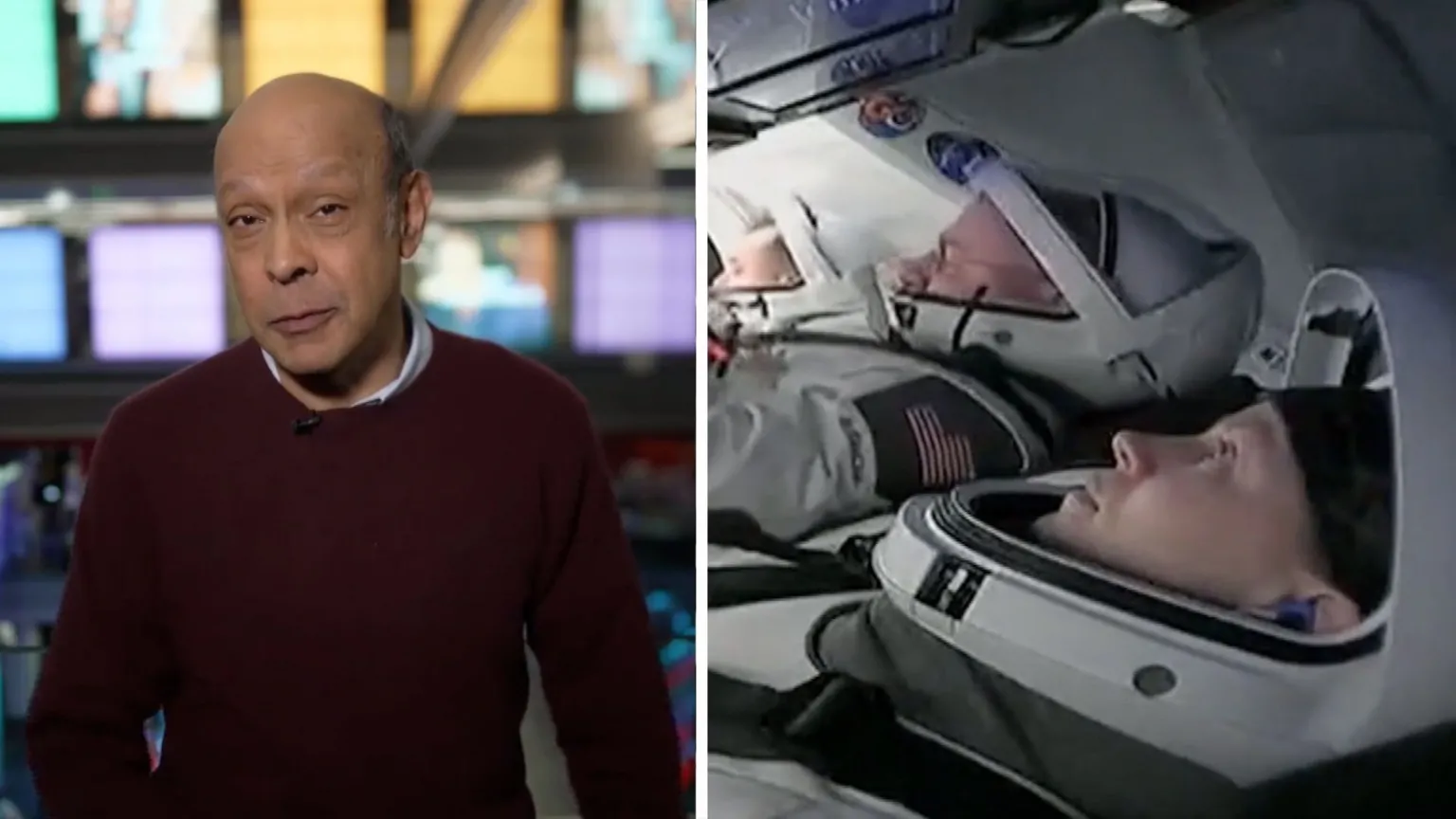 BBC journalist split screen with two astronauts.