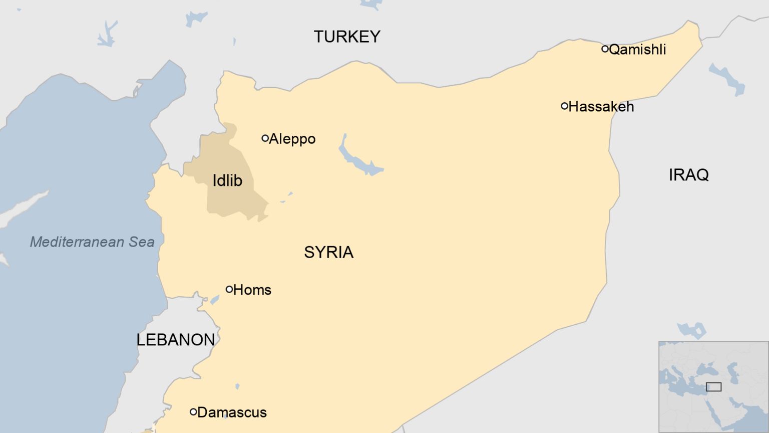 Карта Сирии с указанием Хомса (на западе) и Идлиба (на северо-западе)
