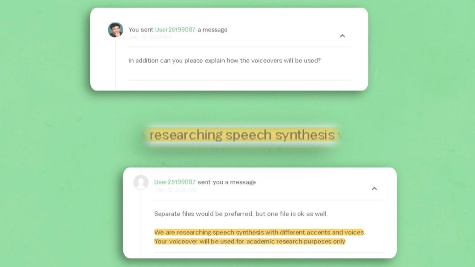 Messages exchanged, which state "we are researching speech synthesis... your voiceover will be used for academic research purposes only"