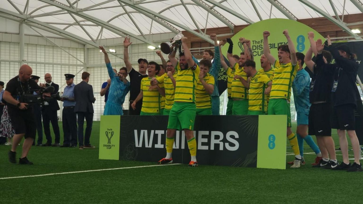 Norwich City CP team celebrating lifting the FA Disability trophy