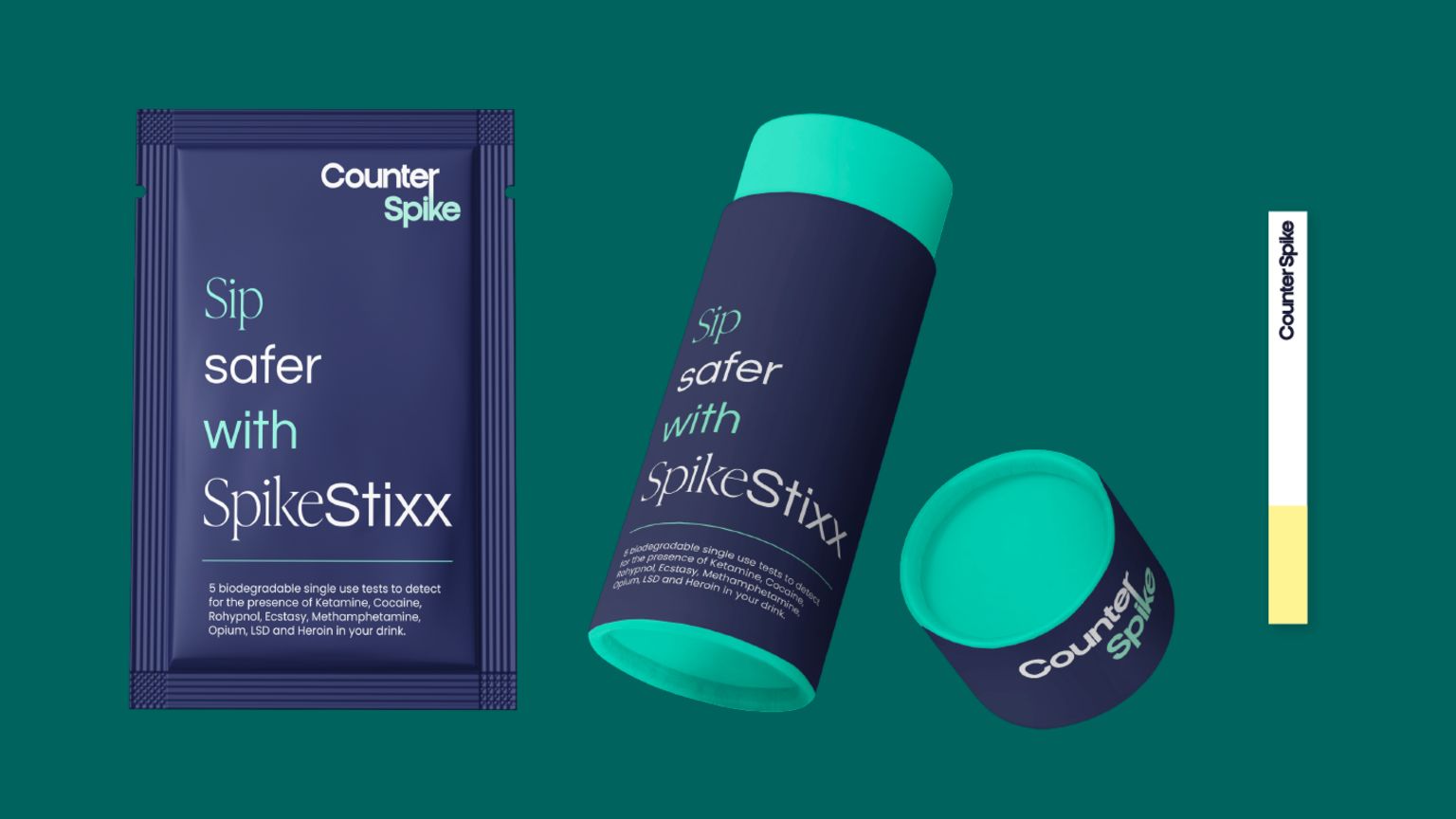 Images of Spike Stixx product. It is in a navy blue and green packaging and the sticks can be seen as white strips of card with a yellow tip.