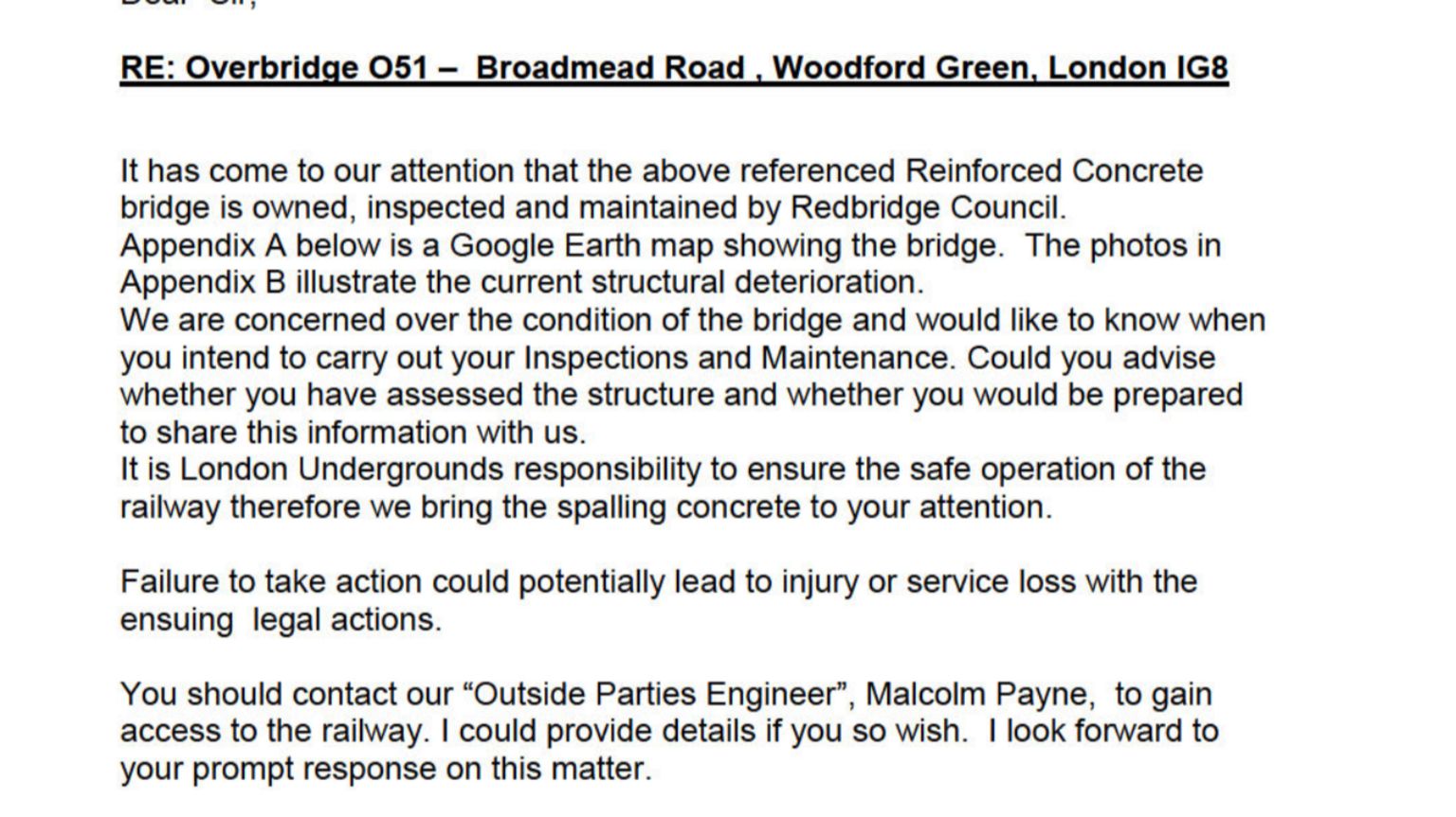 A letter from Transport for London to Redbridge Council in 2014, warning about the bridge