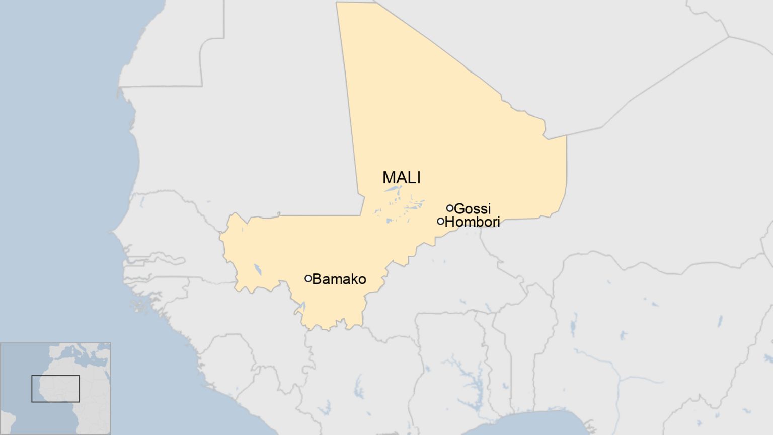 Map of Mali showing location of Bamako and Gossi and Hombori