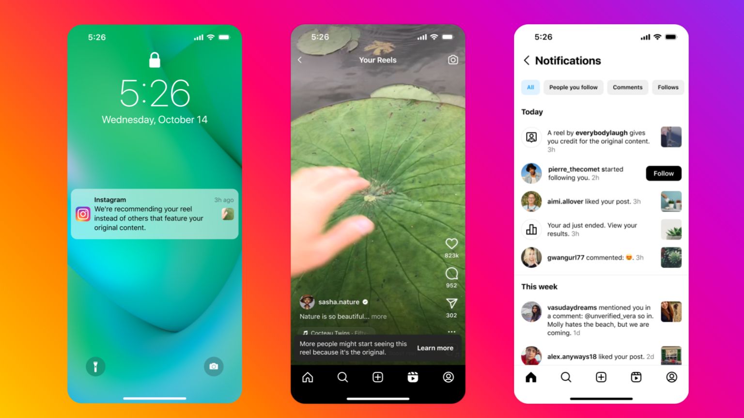 Mock-up illustrations of users receiving notifications about Instagram's new approach to original content