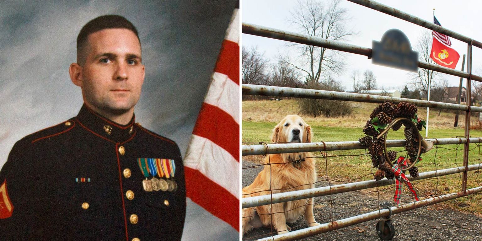 Paul Whelan as a US marine and the front gate at his parents' property