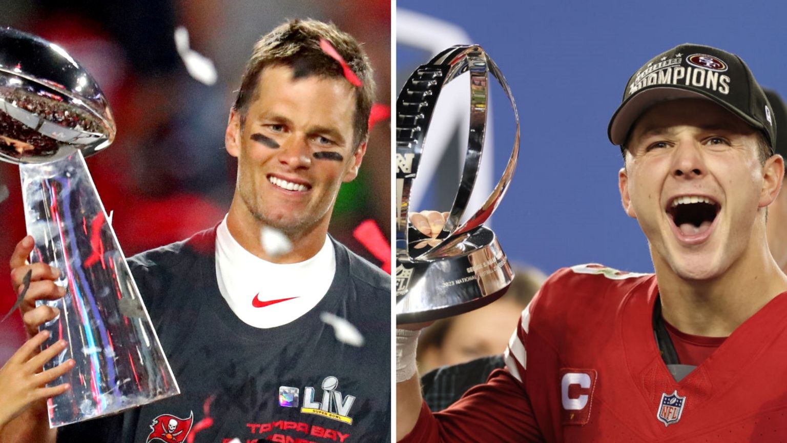 Tom Brady and Brock Purdy pinch NFL trophies