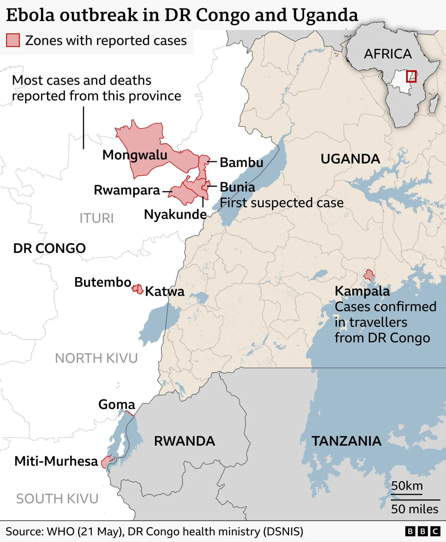 Map titled “Ebola outbreak in DR Congo and Uganda” showing eastern Democratic Republic of Congo and western Uganda. Areas with reported cases are highlighted in red, mainly in Ituri province (includin