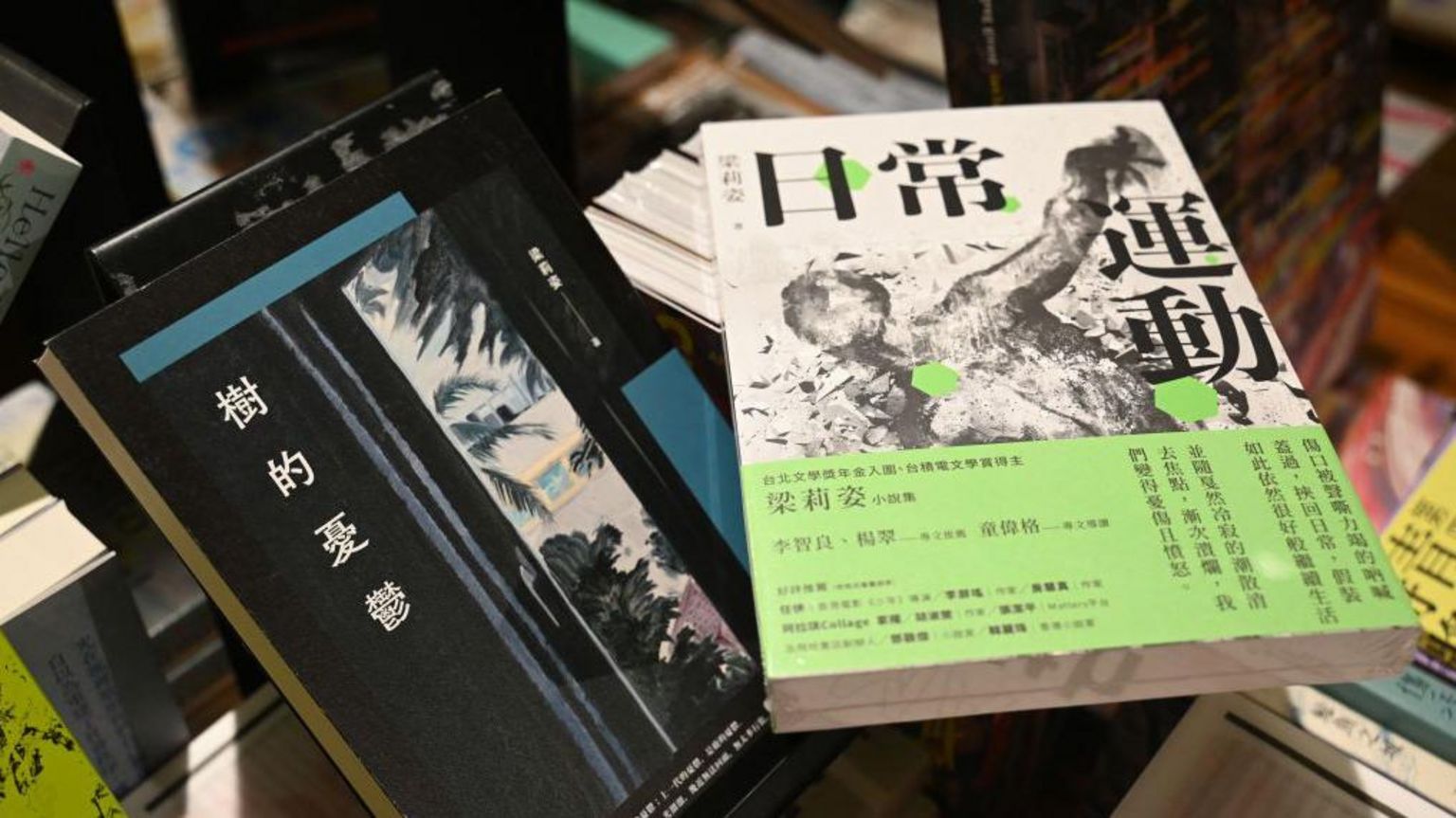 2024年6月11日,在香港一家书店,可以看到梁莉姿的著作《树的忧郁》(右)和《日常运动》(左)。