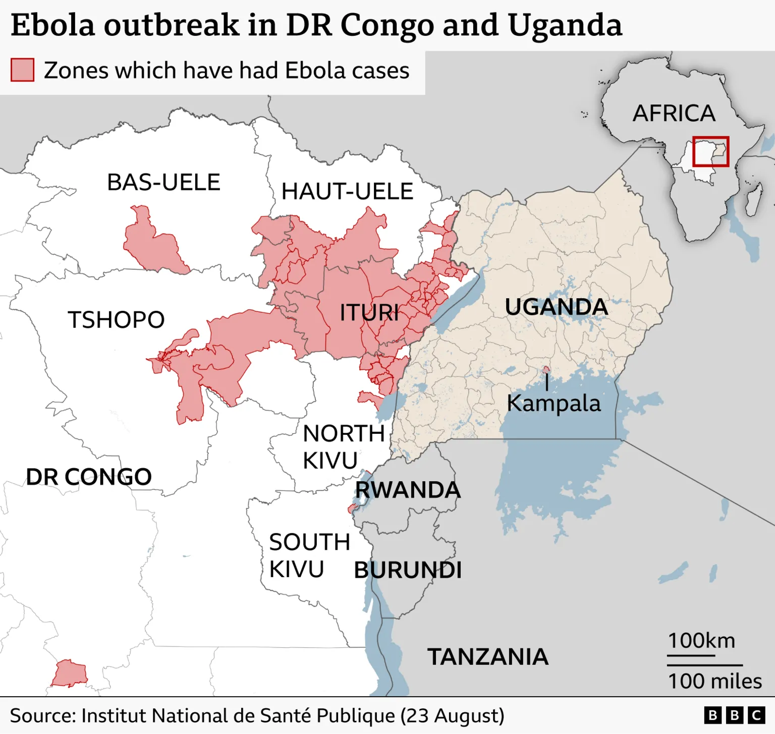 Map showing Ebola outbreak areas in northeastern Democratic Republic of Congo near the Uganda border. Districts that have reported Ebola cases are highlighted in red, concentrated mainly in Ituri province and surrounding border regions. Uganda, Rwanda, Burundi, and Tanzania are labelled, with Kampala marked in Uganda. An inset map locates the outbreak area within Africa. Source: Institut National de Santé Publique (23 August).