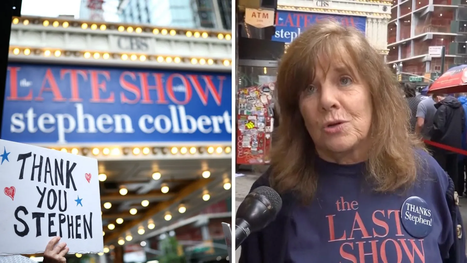 Split screen. Left, person holding sign supporting Stephen Colbert outside theater. Right, person reacting.