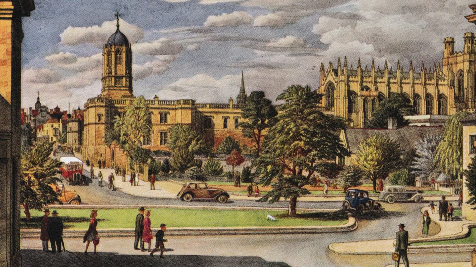 How the St Aldate's scheme might have looked with a grass roundabout in front of Christ Church Meadow and old-style cars and buses using the road. People seem to be walking on pavements and into the road 